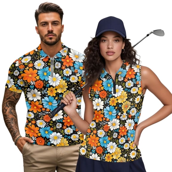 KUIFORTI Colorful Daisy Matching Couple Tennis Shirts Quarter Zip Matching Golf Shirts for Couple Mens Shirts Casual for Golf,Tennis,Hiking,Running,Gym Moisture Wicking