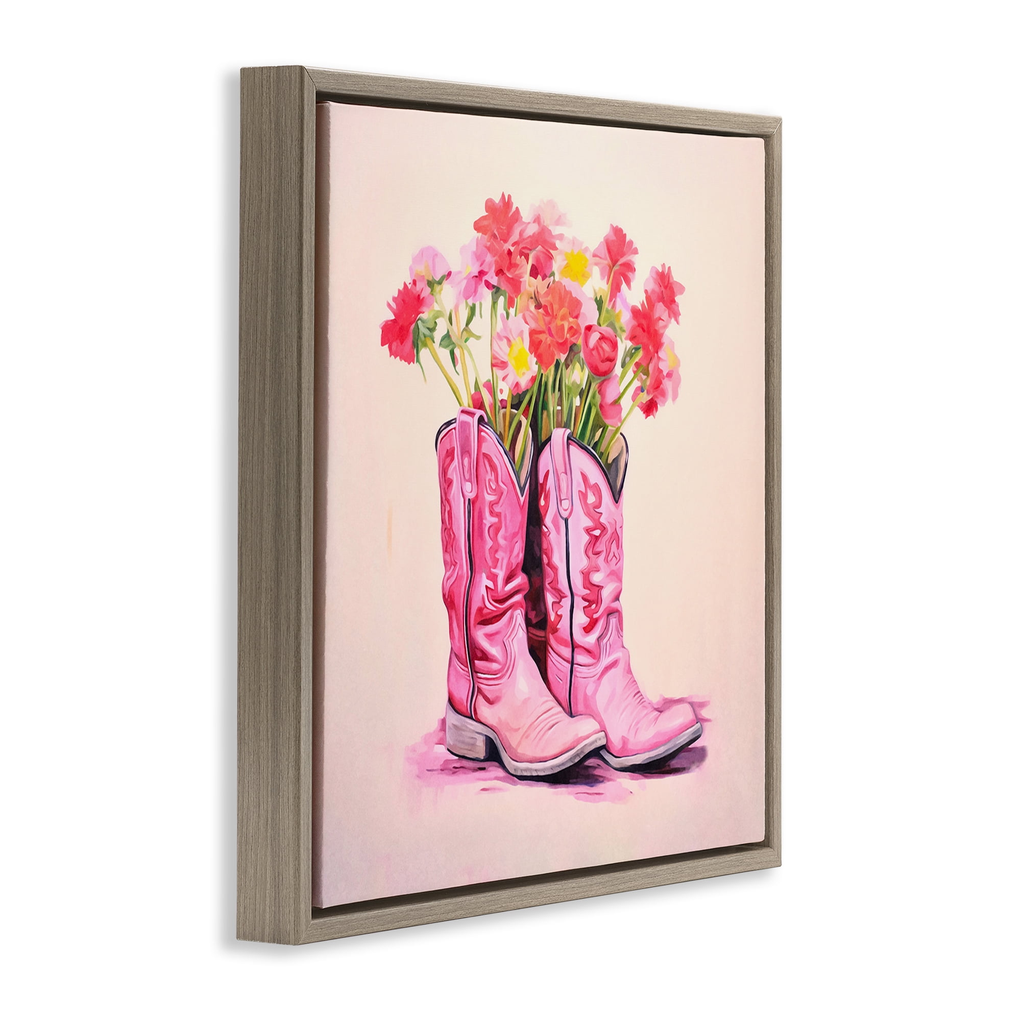 Stupell Industries Pink Blossom Boots Botanical & Floral Painting Brown Floater Framed Canvas Art Print Wall Art, 18 x 18