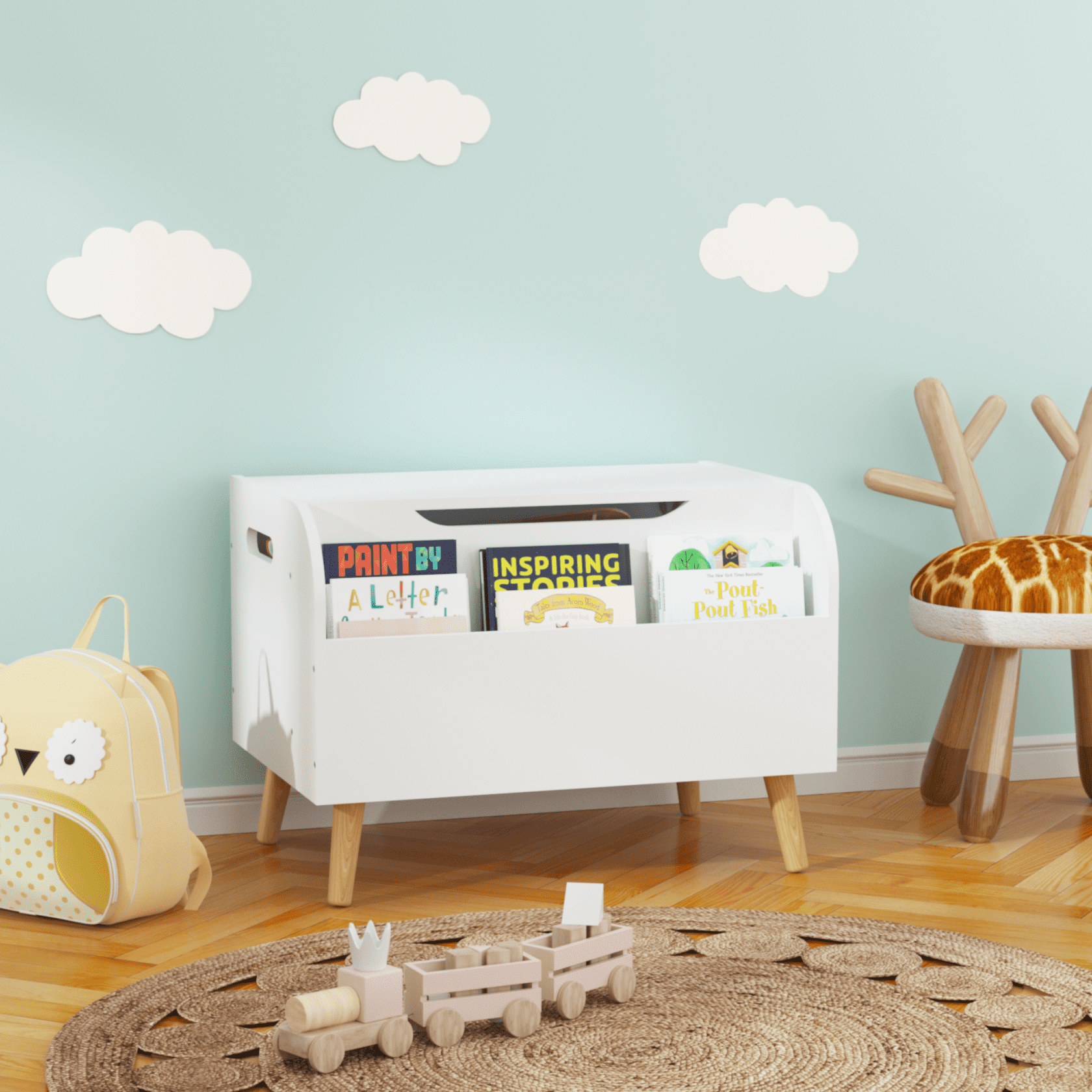Miekor Furniture Wooden Toy Box, Kids Toy Storage Organizer with Front Bookshelf, Flip-Top Lid, Safety Hinge, Boys Girls Toy Chest Bench for Playroom Kids Room Organization (White) 08077