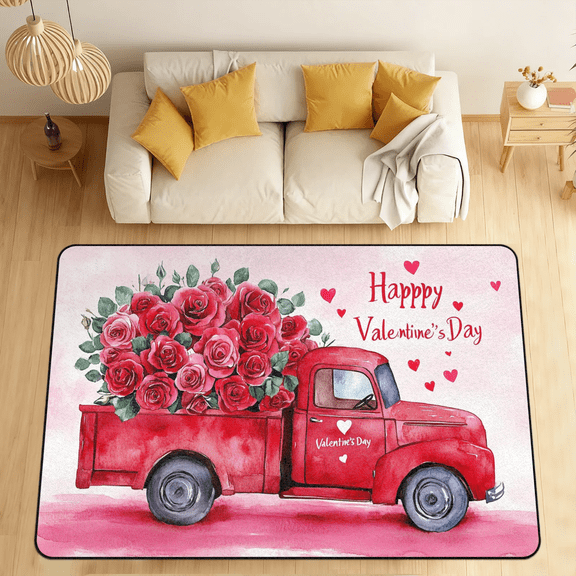 CURLYOOT Valentine's Day Red Truck with Rose Area Rugs for Living Room Bedroom, 4' 10" x 6' 8" Washable Rug, Floor Carpet with Non Slip Backing for Dining Room Indoor