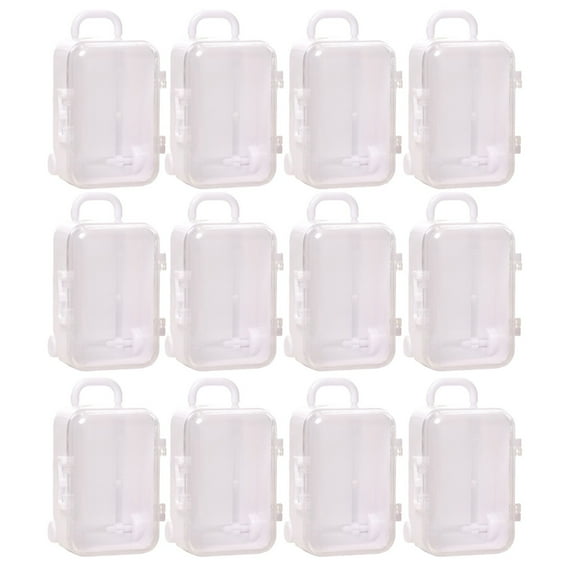 GQDIN Mini Suitcase Favor Box 12pcs Mini Luggage Travel Suitcase Candy Box Clear Plastic Rolling Trolley Case Jewelry Storage Holder for Wedding Birthday (2.75" x 2")