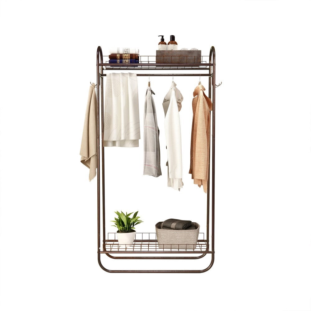 Heavy Duty Garment Rack, Freestanding Metal Clothes Rack with Double Shelves, 200 lbs Capacity, Portable Rolling Clothing Rack, Brown