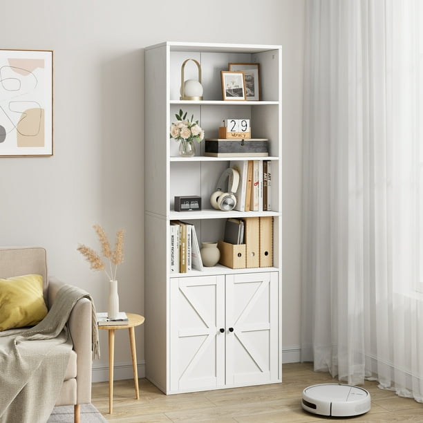 Librero con puertas, estantería industrial de 6 niveles, estantes para exhibición y almacenamiento, estilo granja para dormitorio, oficina y sala