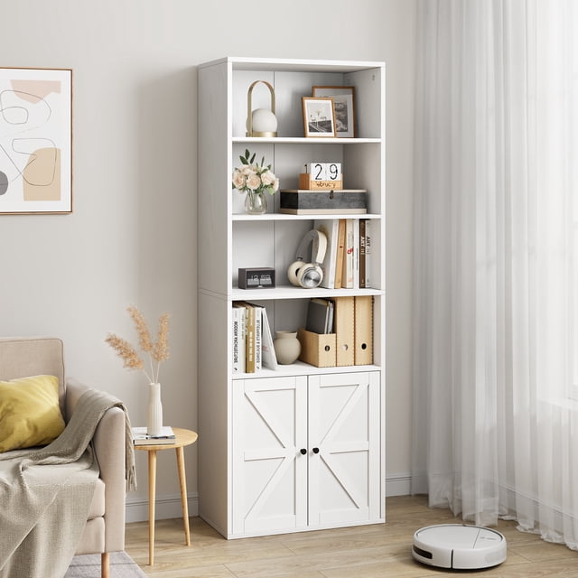 Librero industrial con puertas, profundidad de 11.8", estantes para exhibición, 71.4" alto, estantería de 6 niveles estilo granja