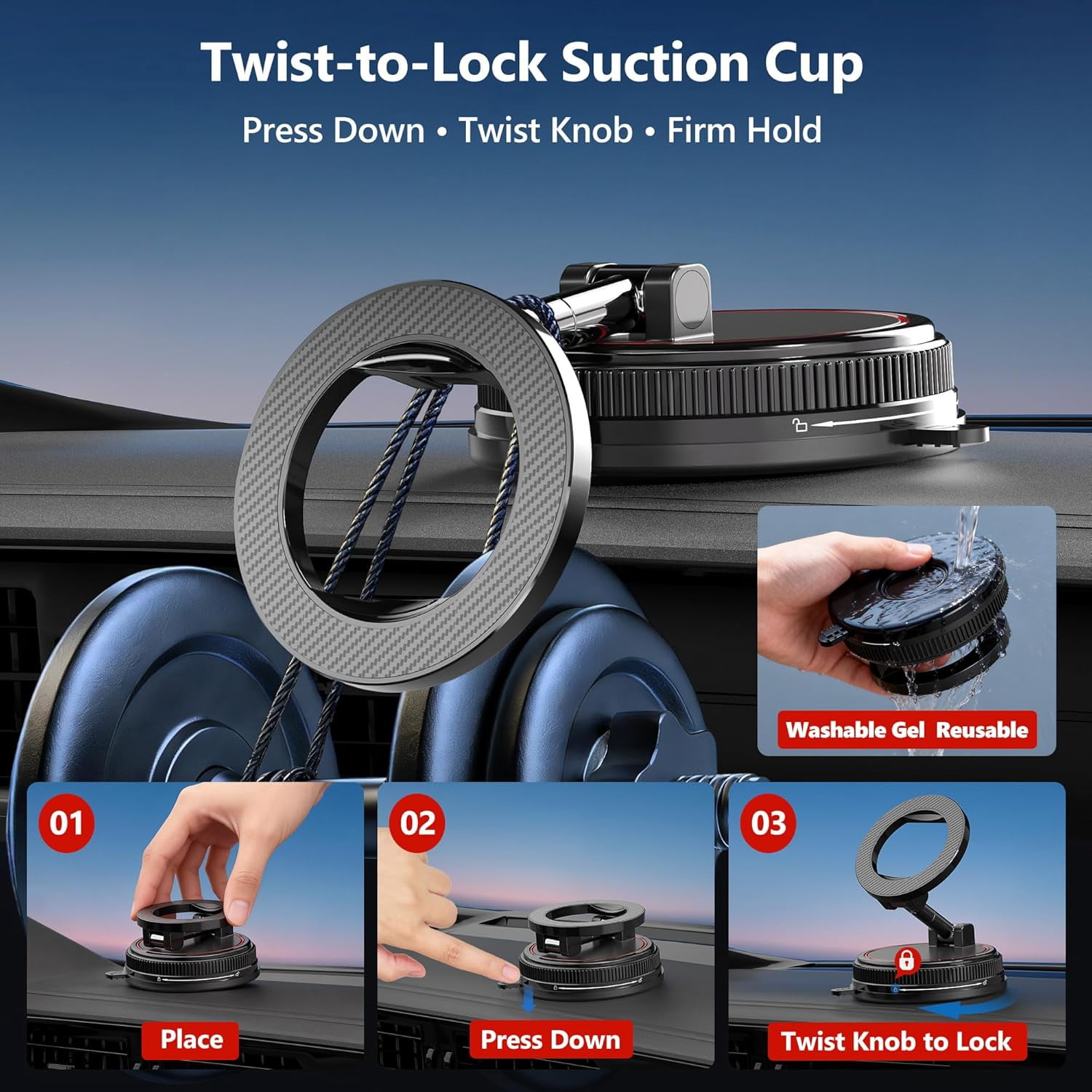 Car Phone Holder Mount, 108LBS Vacuum Suction for MagSafe Car Mount, 3000gf Magnetic 360° Adjustable Carbon Fiber Phone Holders for Your Car for iPhone 17 Pro Ma/17/16/15/14/13/12, Desk & Gym