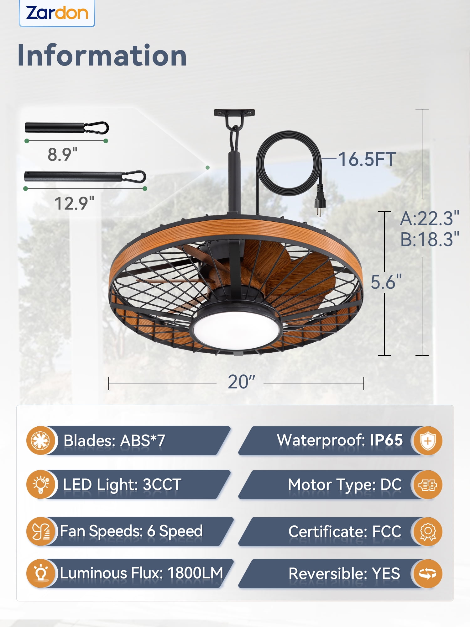 Zardon 20" Outdoor Ceiling Fan with Light and Remote, 7 Blades Caged Waterproof Gazebo Fan for Patio, Porch, Pergola Canopy, App Control