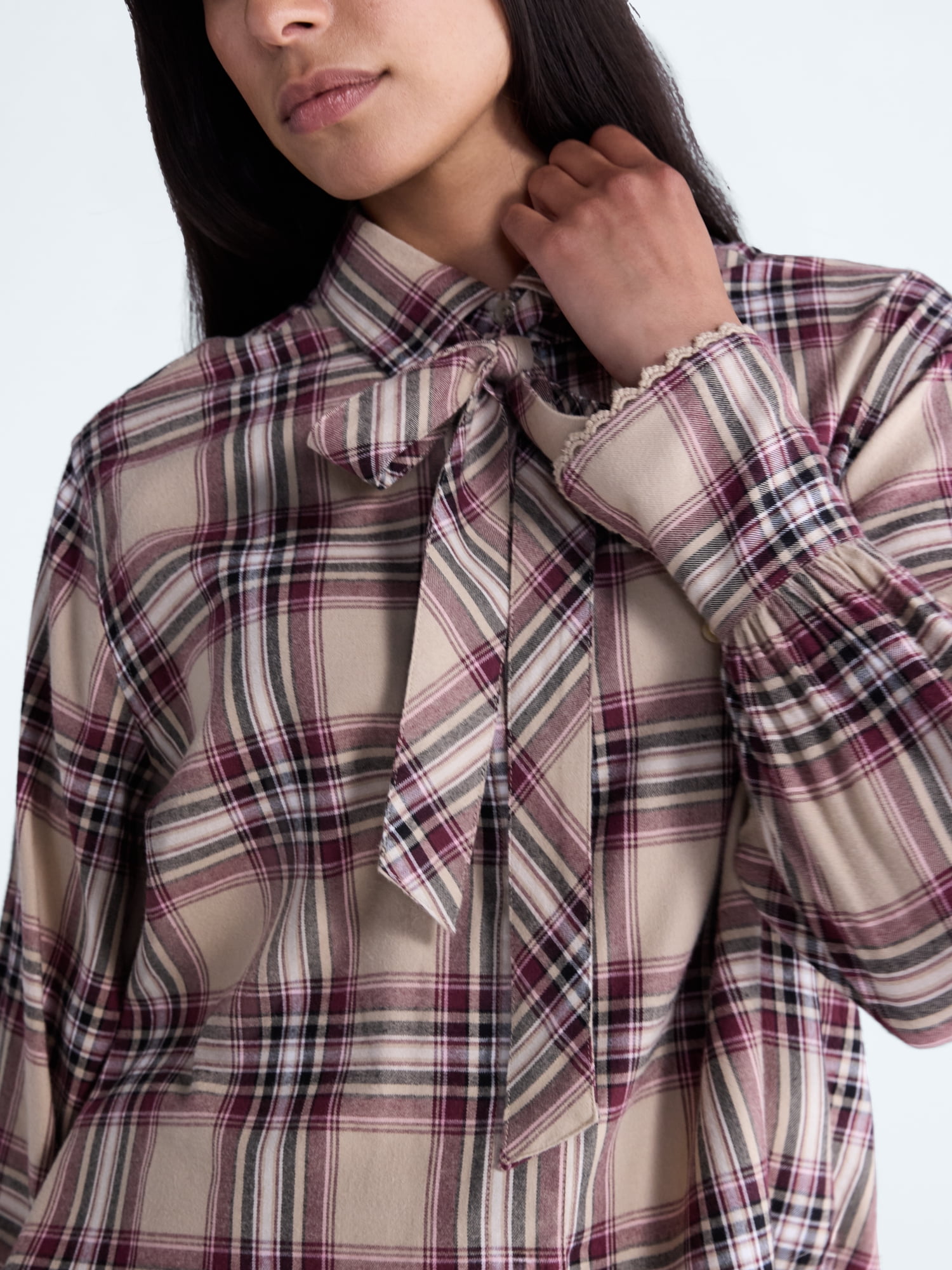 Scoop Women's and Women's Plus Plaid Bow Shirt, Sizes XS-4X