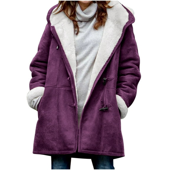 Womens Warm Sherpa Fleece Lined Jackets Plus Size Horn Button Winter Coats Hooded and Pocket Parka Faux Suede Pea Coat Outerwear 2025