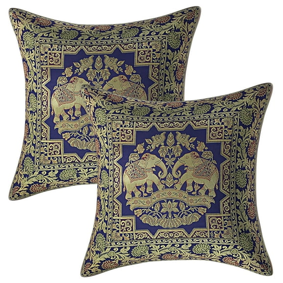 Stylo Culture Ethnic Boho Brocade Navy Blue And Gold Throw Pillow Covers 16x16 Jacquard Weave Banarasi Sofa Indian Decorative Pillows Elephant Floral 40x40 cm Cushion Covers (Set Of 2)