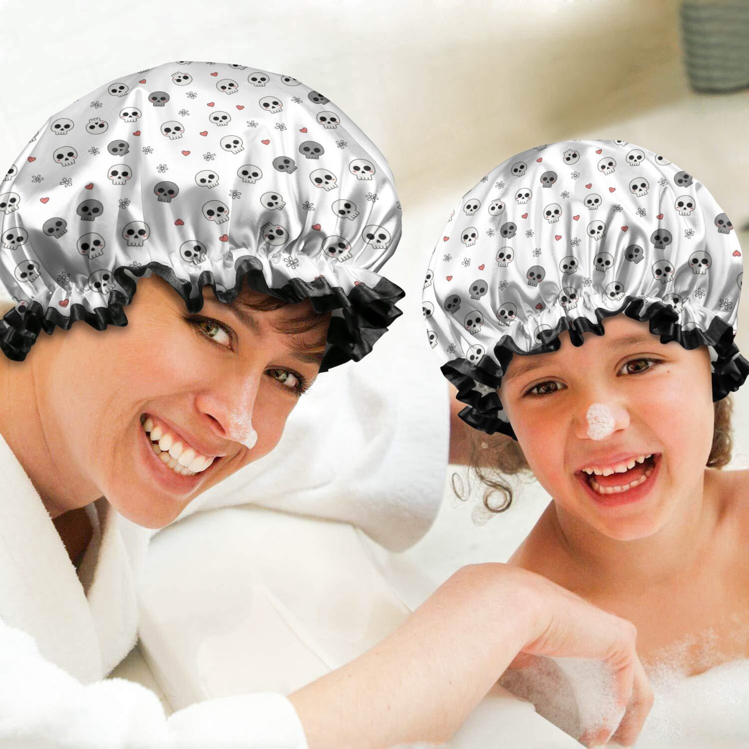 Shower Caps,White Skull Heart Flower Pattern Waterproof Shower Cap for Women 4 Pieces,Double Reusable Hair Cover for Shower PEVA Elastic Stretch Hem