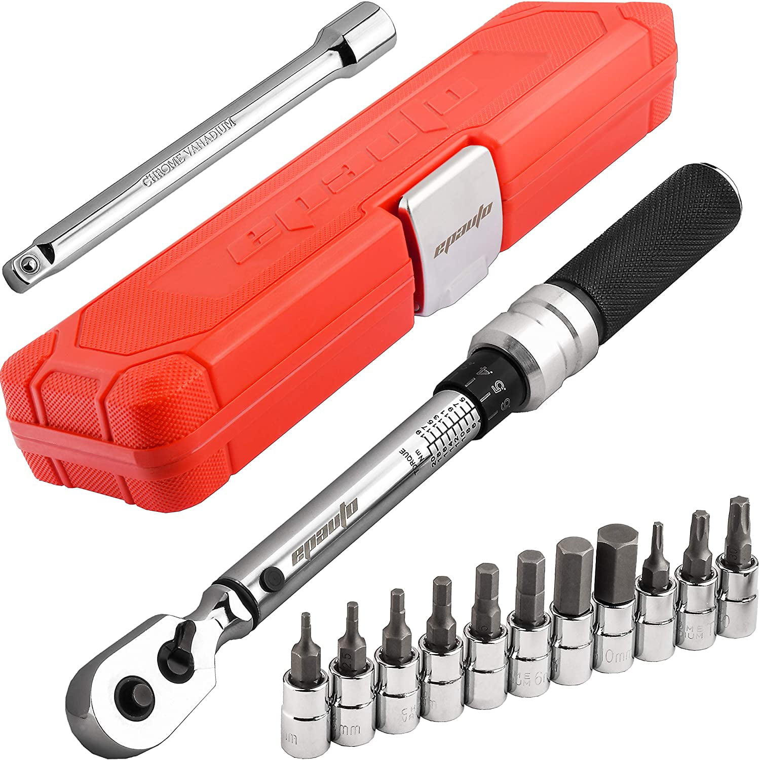 Allen Key 1/4 Inch Drive Torque Wrench Set 2 to 24 Nm Bicycle Tool Kit for MTB Mountain Road Bikes with 3/8” Adapter Extension Bar Torx Sockets Bike Torque Wrench 