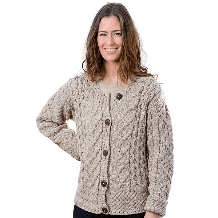 Aran Woollen Mills Button Up Cable Knitted Cardigan Sweater 100% Premium  Soft Merino Wool Women`s Jacket Made in Ireland