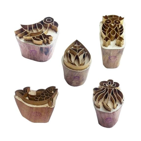 Royal Kraft Floral Brass Wooden Printing Stamps (Set of 5) - DIY Fabric, Clay, Pottery Blocks BHtag0018