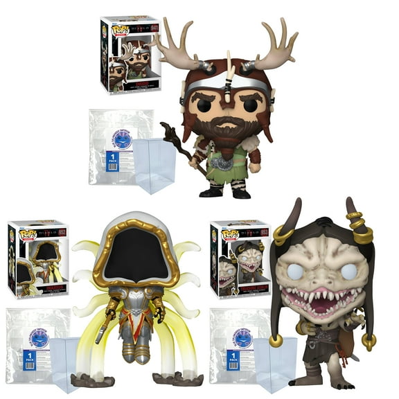 Diablo IV Set of 3: Druid #941, Inarius #952, Treasure Goblin #953 Funko Pops   3 Blue Salamander Emporium Protector Cases