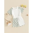 thumbnail image 5 of Suealasg Kids Boys Summer Shorts Set Short Sleeve Crew Neck Plaid T-shirt +Elastic Waist Shorts Toddler Boys 2Pcs Casual Outfit Set, 5 of 9
