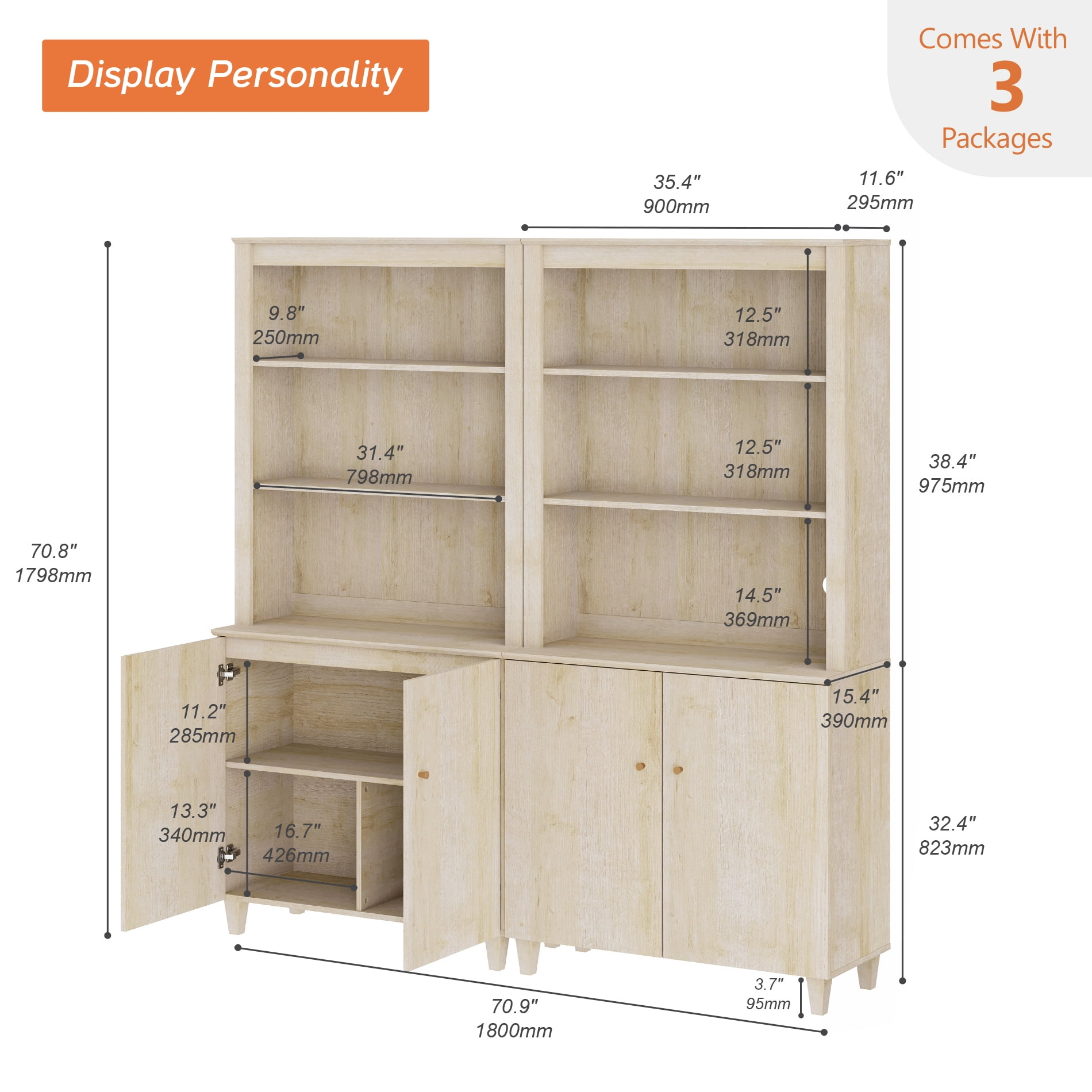 WAMPAT Modern 71" Tall Pantry Cabinet with Doors and Adjustable Shelves for Dining Room, 2-Column 5-Tier, Natural Oak