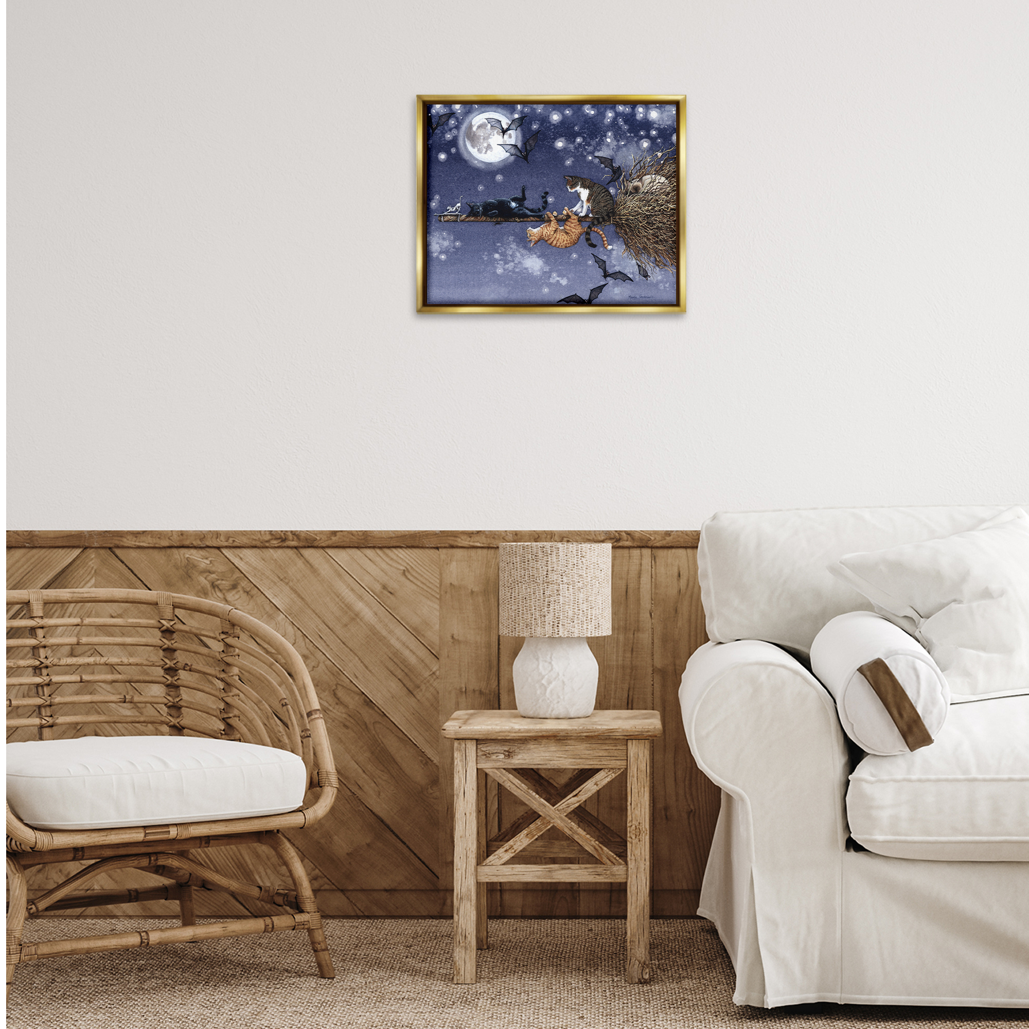 Stupell Industries Joyriding Cats on Broom Holiday Painting Gold Floater Framed Art Print Wall Art, 21 x 17
