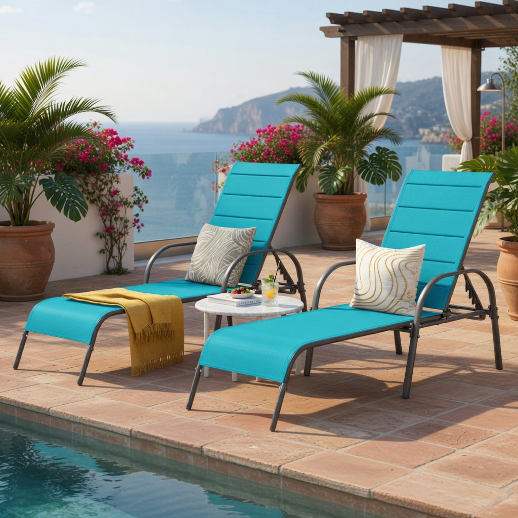 Hommoo 2-Pack Adjustable Outdoor Chaise Lounge Chairs, Sun-Resistant Fabric with Steel Frame, 5-Position Reclining Backrest for Patio, Poolside & Backyard, Turquoise