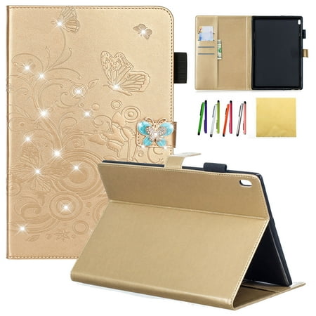 Lenovo Tab 4 / Tab 4 Plus 10" Case, Allytech Emboss Butterfly Dianmond PU Leather Cover Folio Case Stand with Cash Card Slots for Lenovo Tab 4 / Tab 4 Plus 10.1 Inch HD Tablet 2017 Release, Gold