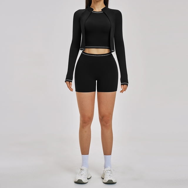 PISONIC Womens Workout Sets Color Block Long Sleeve Jacket with Tank Top and High Waisted Shorts Gym Athletic Sets