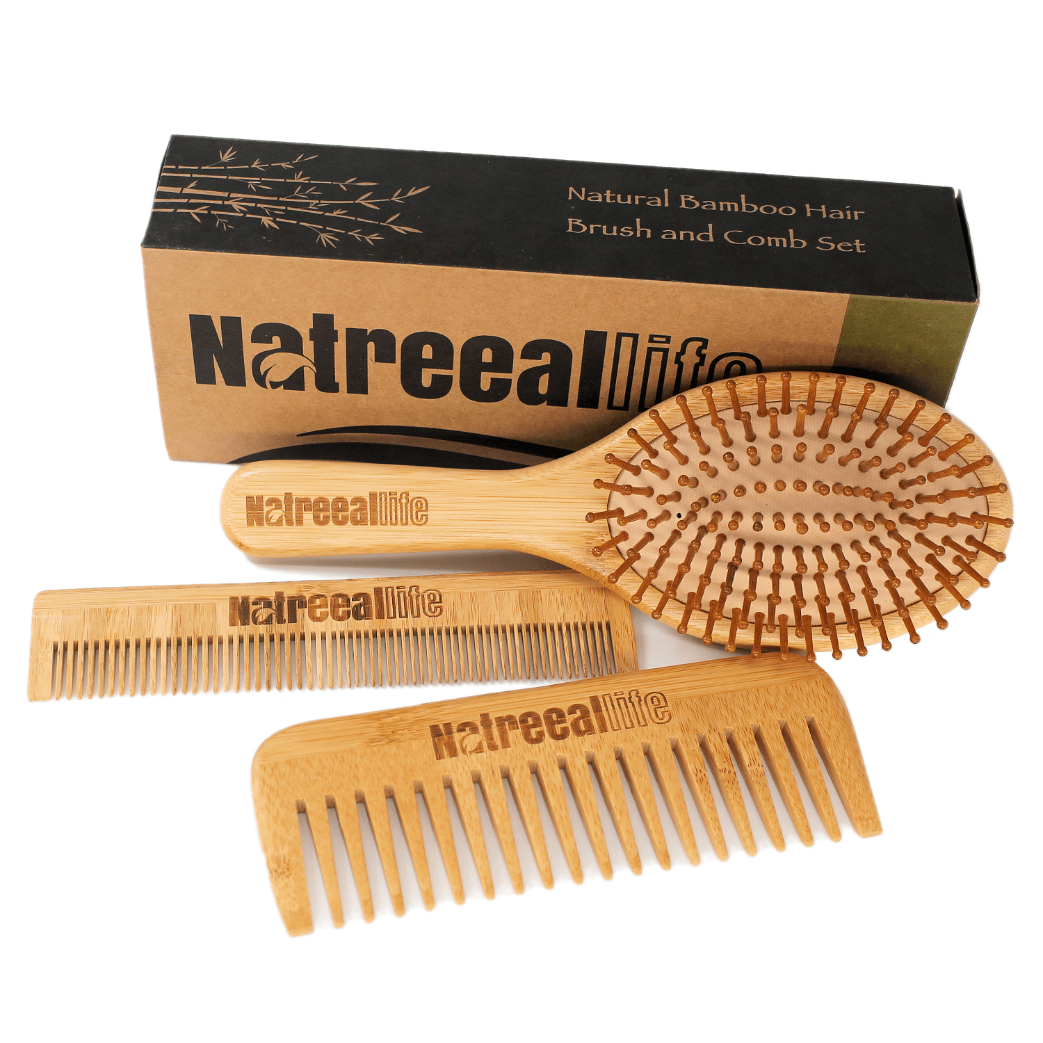 NatreealLife 3 Piece Natural Bamboo Hair Brush Set