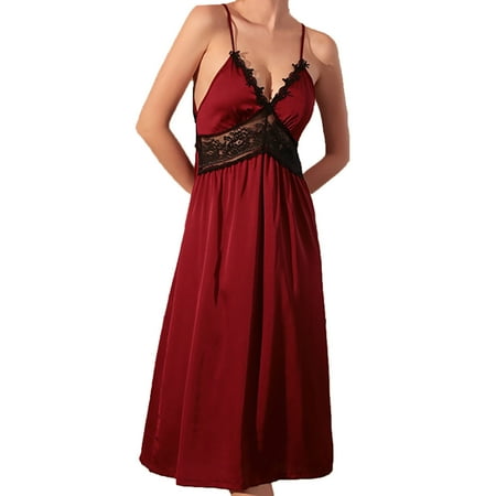 Chemise Nightgowns for Women Women Chemise Night Dress Lace Sleepwear V-Neck Full Slip Lingerie Nightgowns Spa Robe for Women S-84 Wine L