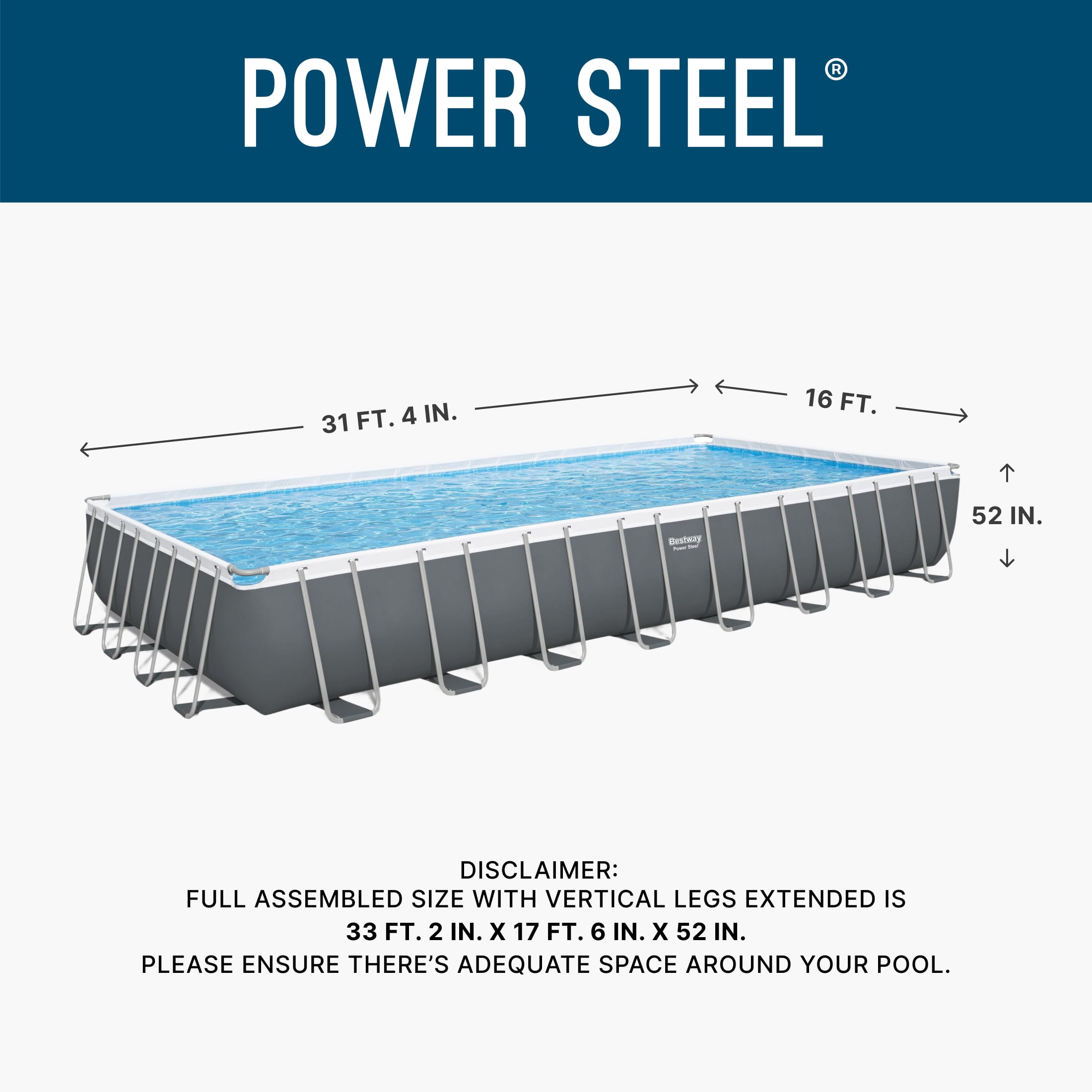 Bestway Power Steel Metal Frame Above Ground Pool - 31.3' x 16' x 52", Gray