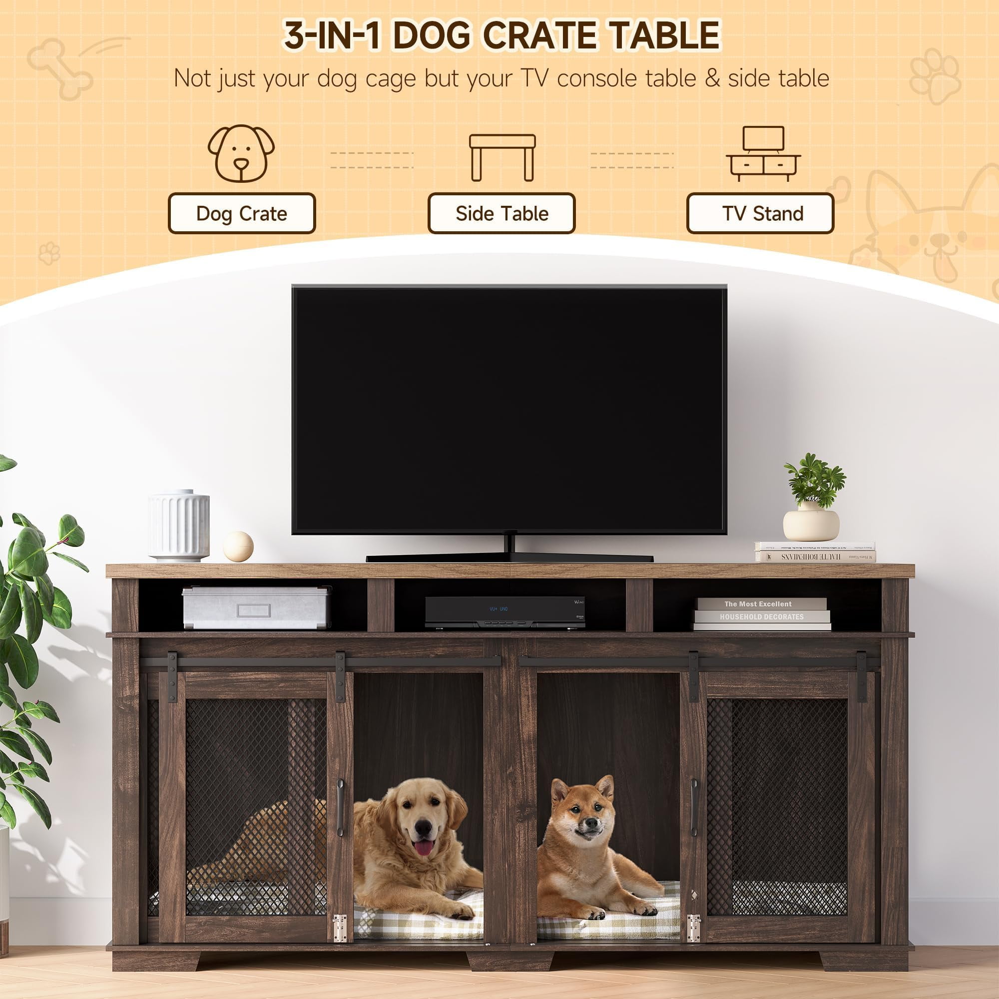 Dog Crate Furniture for 2 Dogs, Wooden Dog Cage with Storage Compartment, Indoor Dog Kennel with Removable Divider and 2 Sliding Barn Door for Large/Medium Dogs