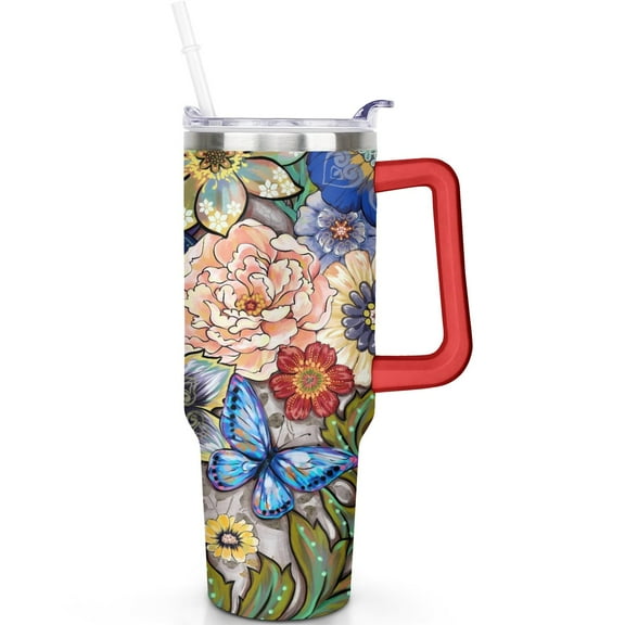 Double Wall 40oz Bohemian Lover's Cup, Boho Theme Travel Tumbler With Handle, Spill Proof Lid & Insulated Coffee Straw