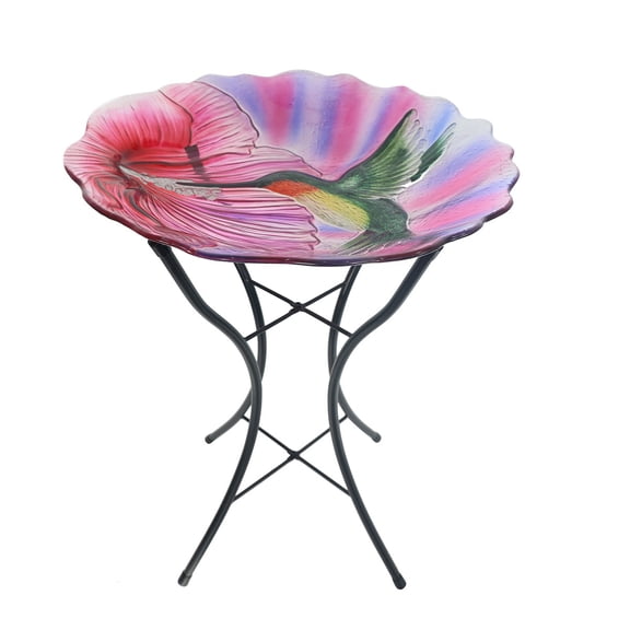 Briarwood Lane Everyday Glass Birdbath Including Metal Stand Hummingbird in Flight Birdbath