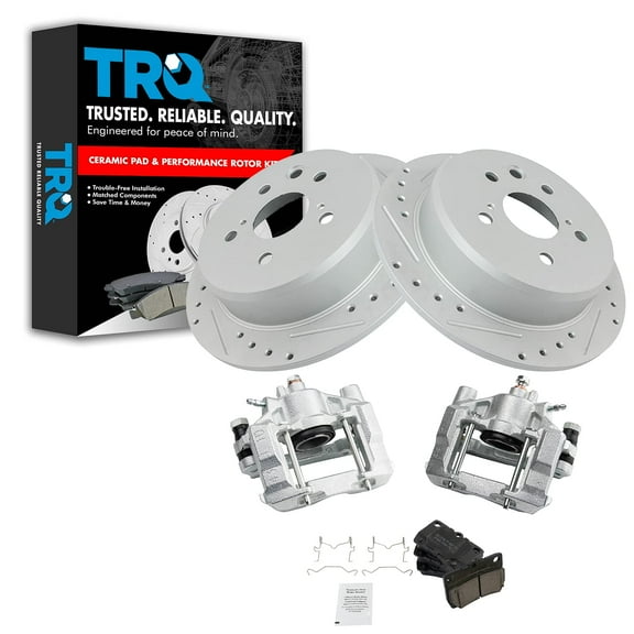 TRQ Rear Performance Brake Pad & Rotor Kit Brake Caliper Brake Pads Brake Rotors Set Ceramic Solid Premium G-Coated Fits Select 2006-2013 Lexus IS250