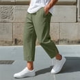 thumbnail image 2 of Xcmzpl Mens Linen Casual Pants Elastic Waist Baggy Straight Leg Trousers with Button Hem Yoga Beach Summer Pocket Cropped Pant Army Green M, 2 of 7