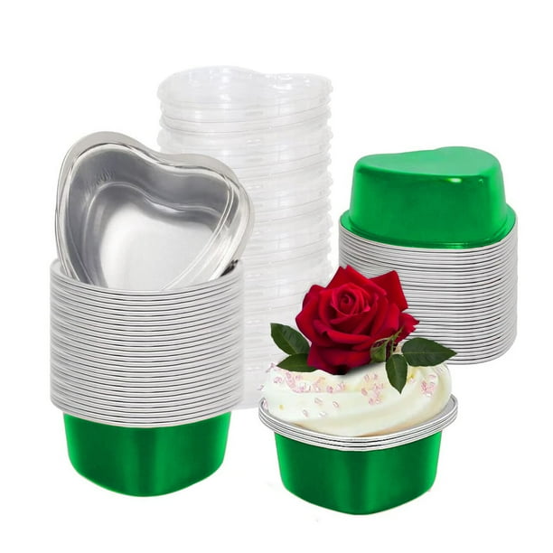 50 Pcs Mini Aluminum Foil Cake Pan with Clear Lids Heart Shaped Foil