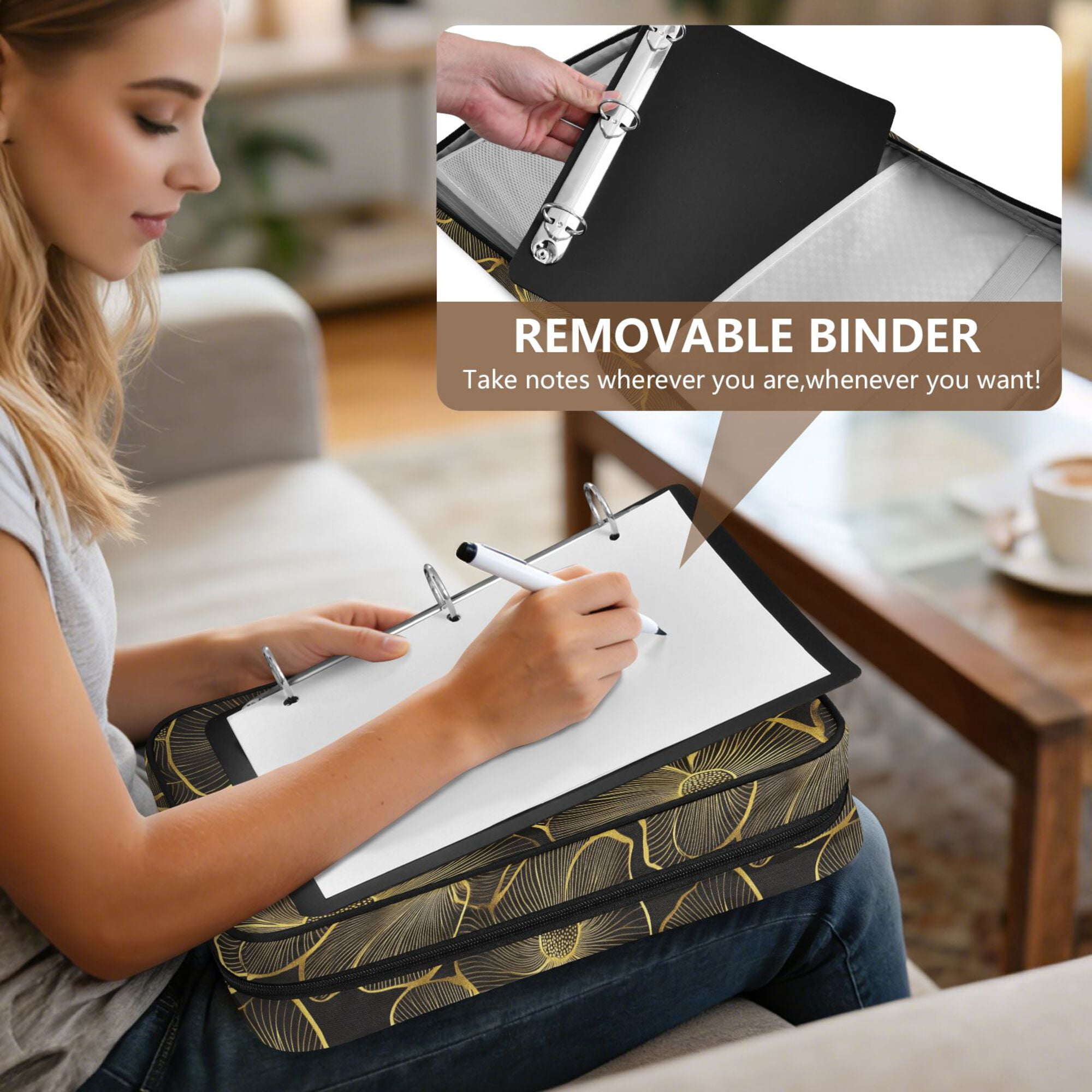 FORMRS Accordion File Folder A4 Size 7-Pocket Expanding Document Organizer Bag with 3 Ring Binder, Black Flower Pattern