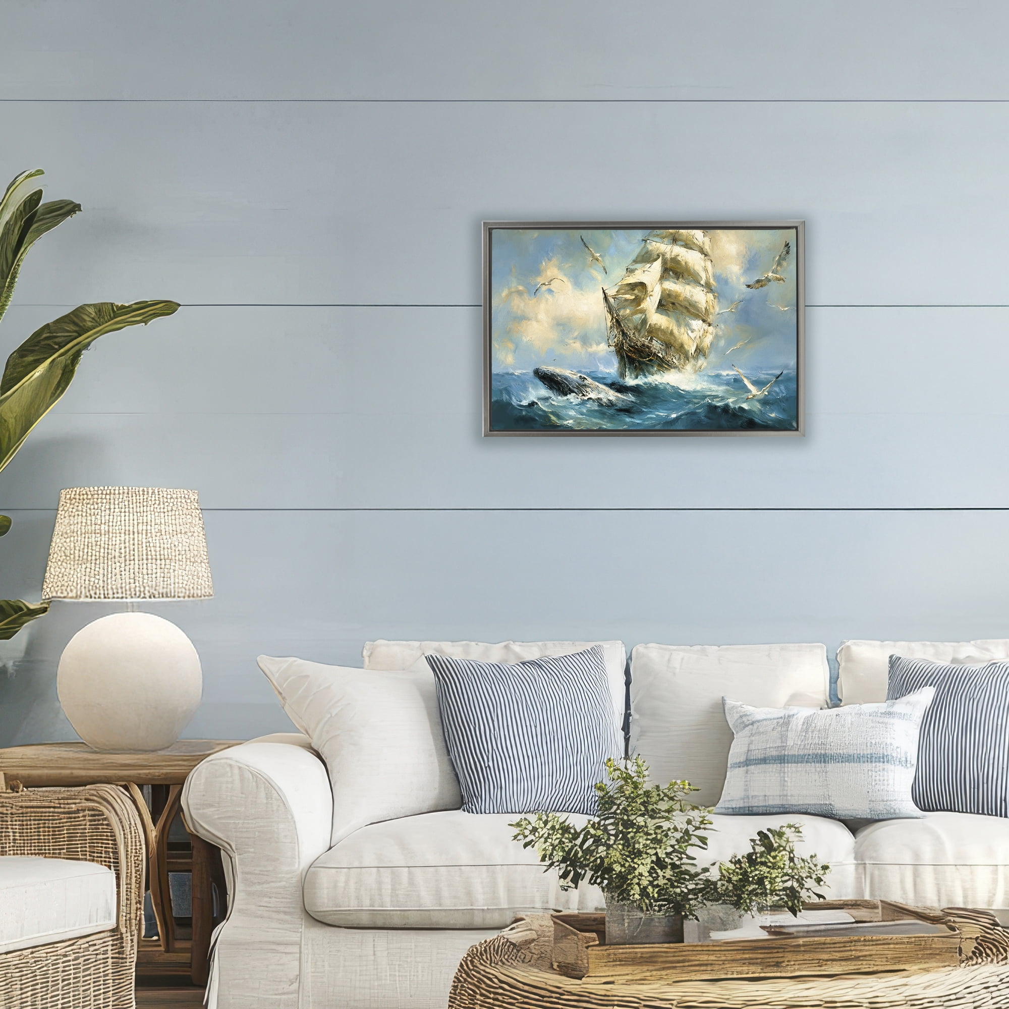 Stupell Industries Clipper Ship & The Whale Gray Framed Floater Canvas Wall Art, design by Tina LeCour