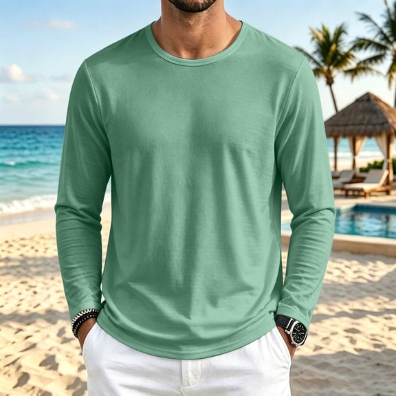 sdhkgrrt Men's Long Sleeve Round Neck T-Shirt Fall Winter Casual Pullover Tops Solid Basic Streetwear Layering Tee, Green 3XL
