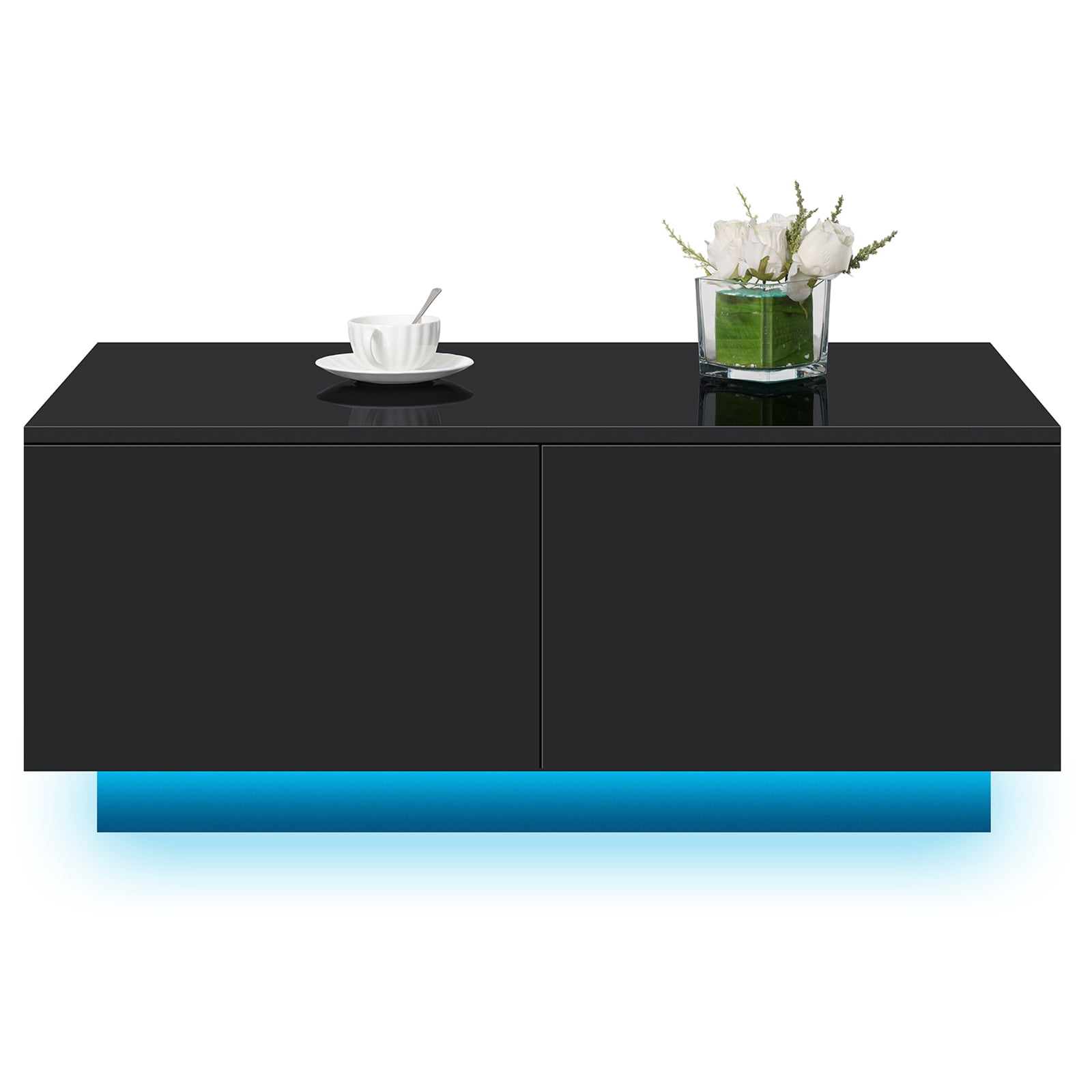 Hommpa Rectangular LED Coffee Table with 4 Drawers High Gloss Black Finish Modern Living Room Sofa Side Cocktail End Table 37.4 x 23.6 x 15.4 inches