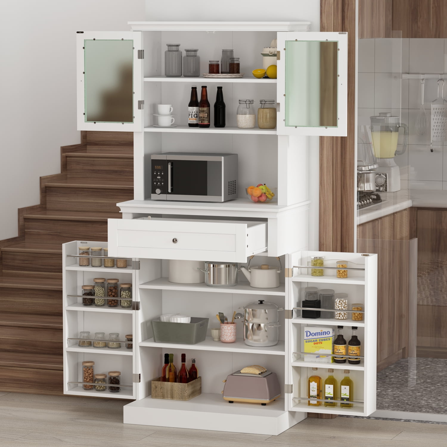 Kitchen Pantry with Hutch, Adjustable Shelves and Drawers, 4Door
