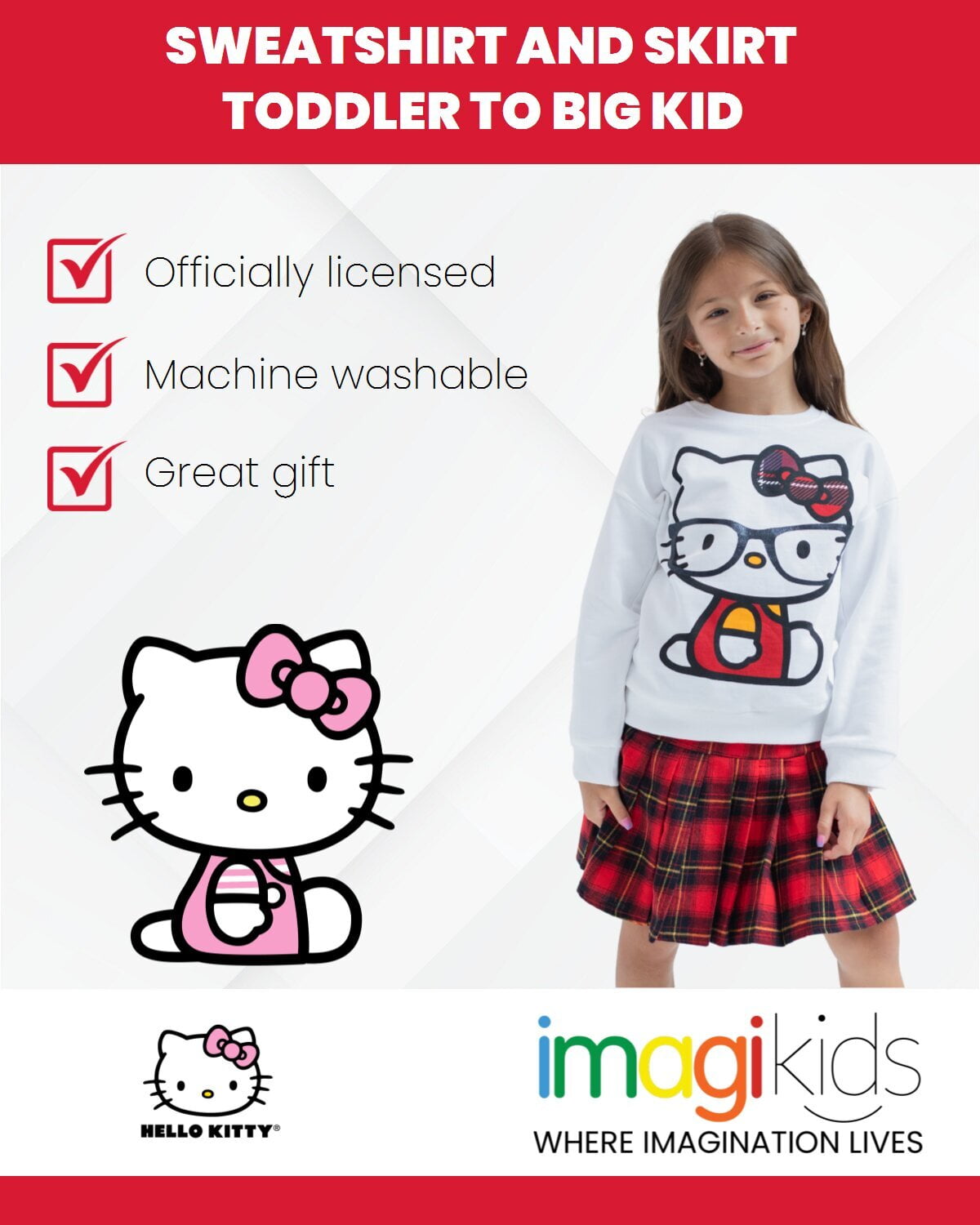 Hello Kitty Little Girls Fleece Sweatshirt and Skirt Plaid White / Red 6