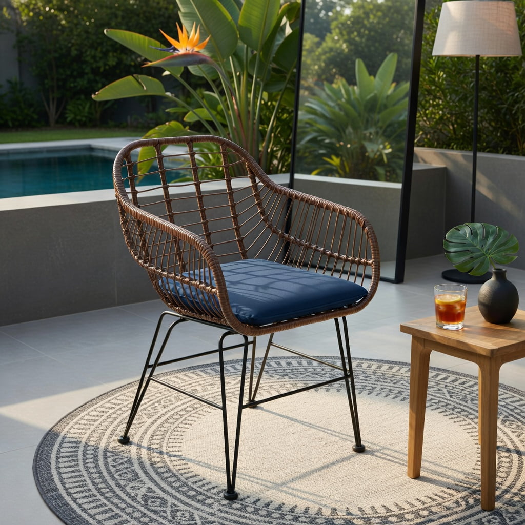 Hommoo 3-Piece Outdoor Rattan Bistro Set with Removable Cushions, Steel Frame, Tempered Glass Table, for Patio, Balcony, Poolside, Navy