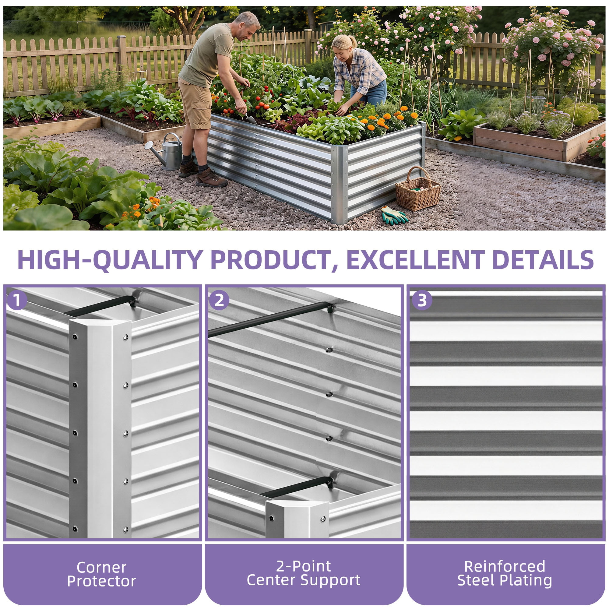 Uforic 6x3x3 Ft 1 Piece Galvanized Metal Raised Garden Bed Kit with Free Gloves Silver
