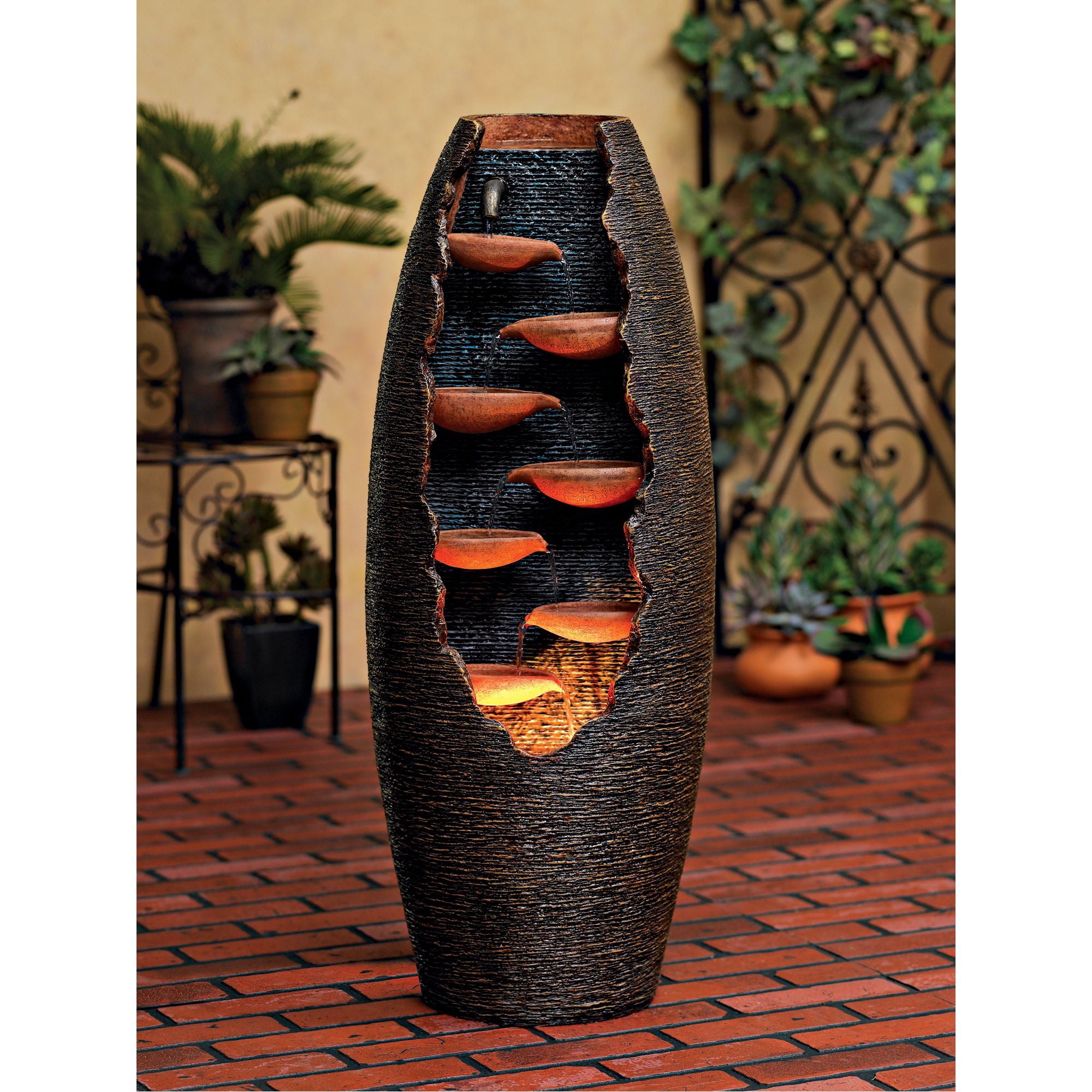 Nathan Seven Cascade 35" High Large Rustic Indoor Outdoor Decor Resin Floor Fountain with Light LED Cut-Away