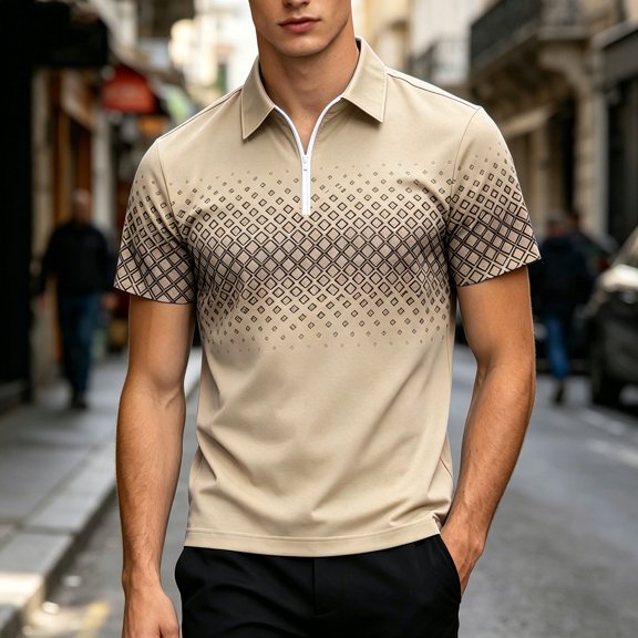 Dolkfu Collared Shirts for Men Yellow Short Sleeve Minimalist Quarter Zip Polos Outdoor Patchwork Geometric Tops Khaki,Xxl