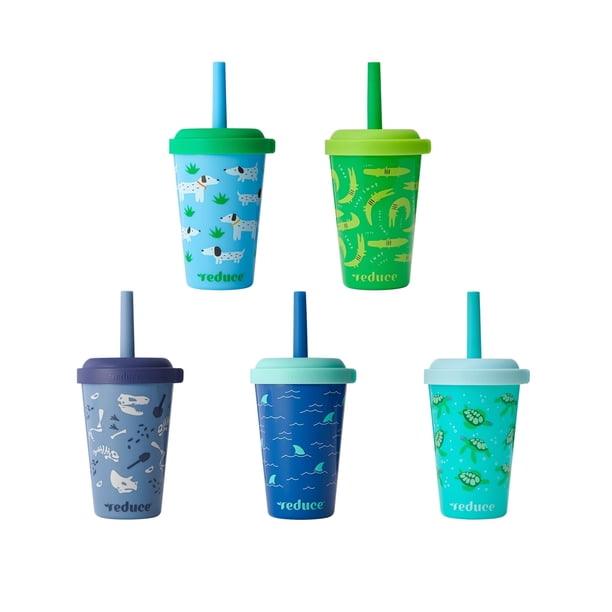 REDUCE Vasos portátiles para niños GoGo's con tapas y pajitas a prueba de derrames, paquete de 5 vasos apilables de 12 oz con tapas giratorias, fácil almacenamiento, aptos para lavavajillas, juego Sca