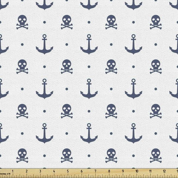 Ambesonne Ocean Fabric by the Yard Upholstery, Anchors and Skulls Bones, 10 Yards, Navy Blue