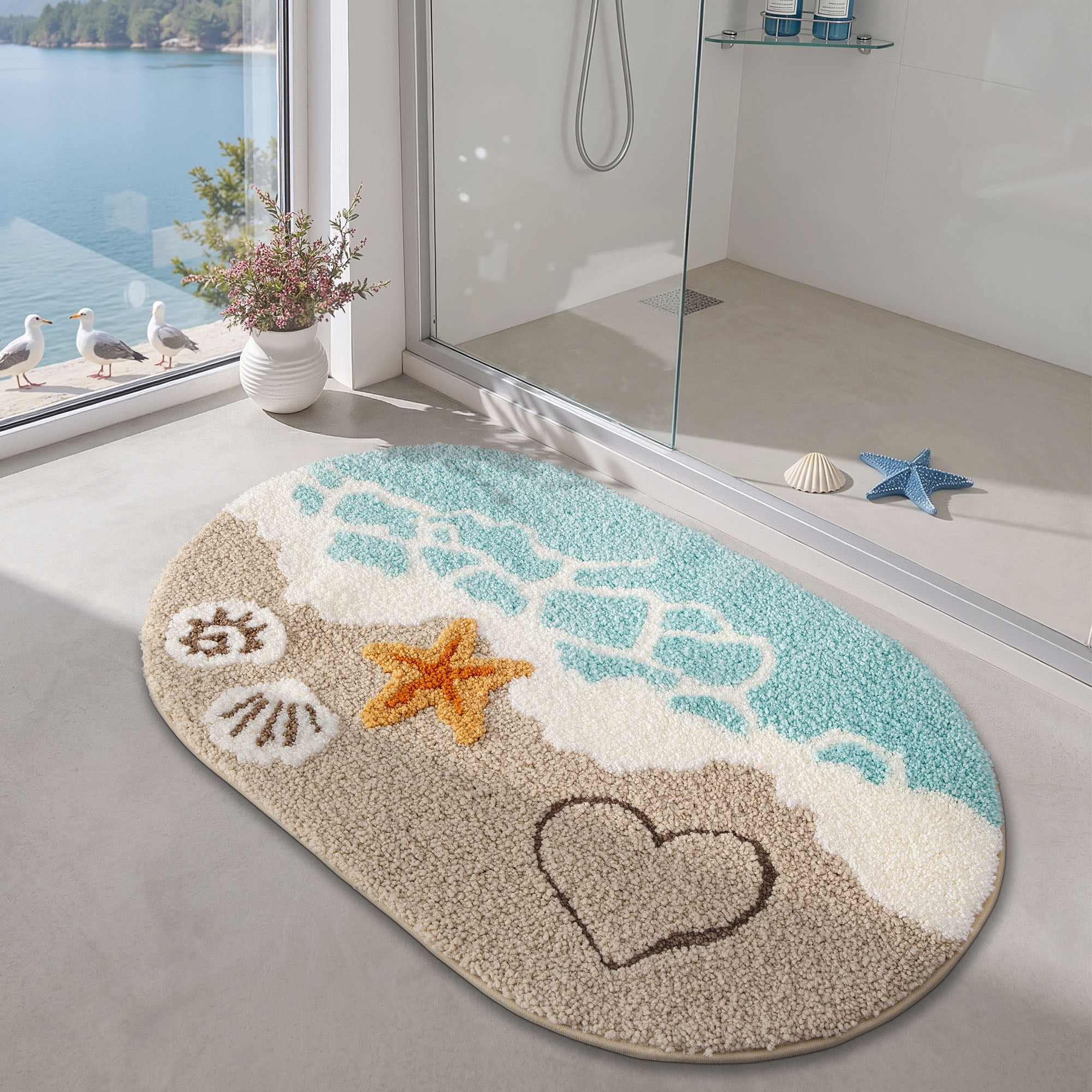 FRABE Bathroom Rugs, Soft Plush, Absorbent, Easy Clearance Non Slip Bath Mat for Bathroom, Kitchen, Entryway Decor with Starfish Shell Design, 30x60