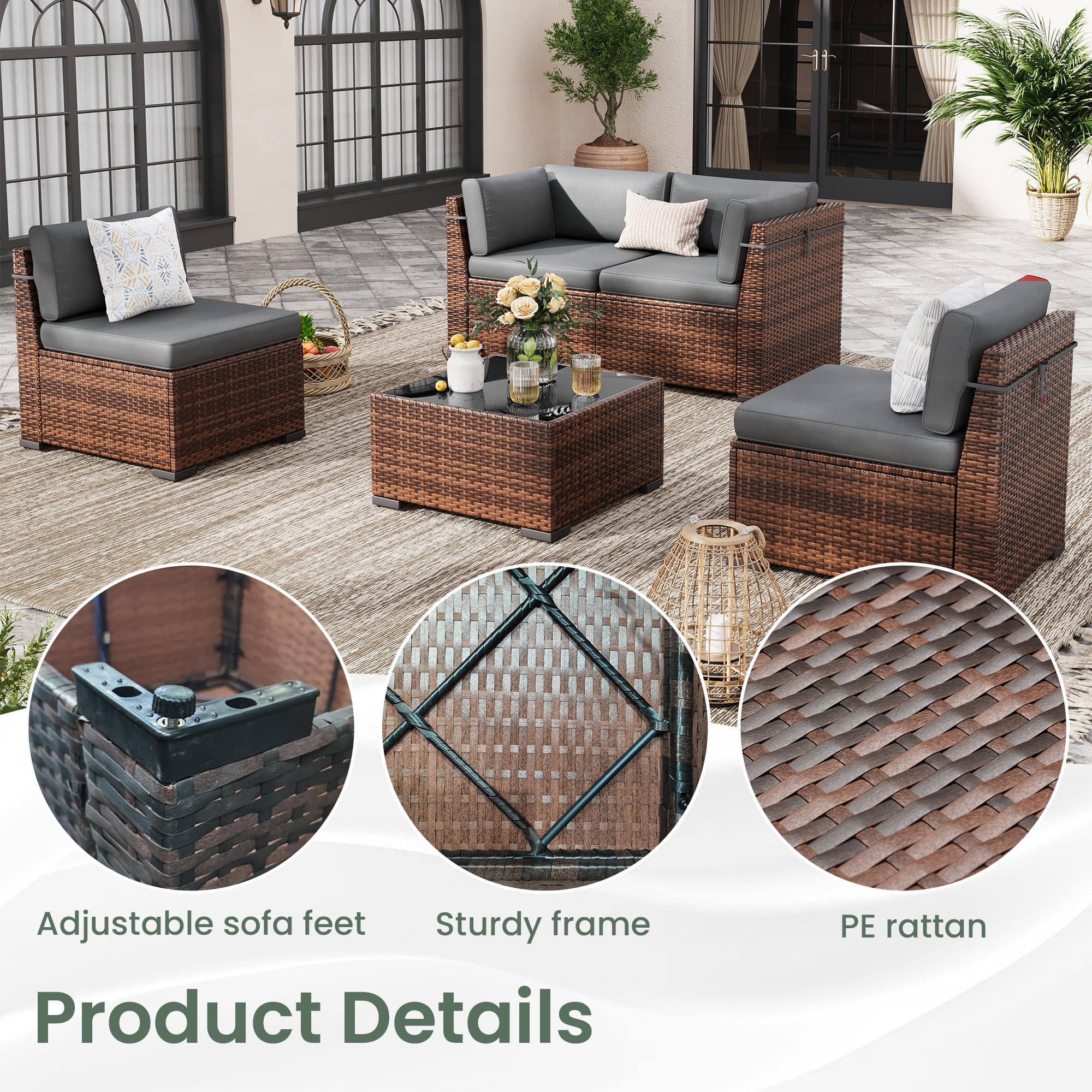 Poteban 8 Pieces Outdoor Patio Furniture Set with 44" Fire Pit Table, Brown Wicker Rattan Sectional Sofa with Cushions and Glass Coffee Table for Backyard Garden, Dark Gray