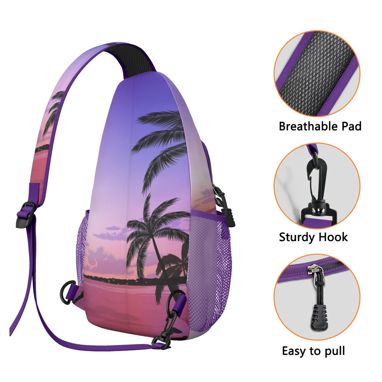 Ocean Sunset with Palm Trees Sling Bag - Anti-Theft Lightweight Shoulder Backpack - Travel-Ready for Hiking, Biking & Commuting