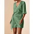 thumbnail image 3 of Olive Green Linen V-Neck Wrap Mini Dress With Side Tie, Casual Summer Style, 3 of 8