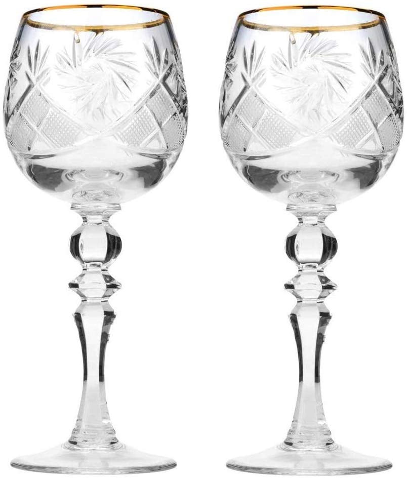 Set of 2 Hand Made Vintage Crystal Wine Goblets with 24K Gold Rim on a